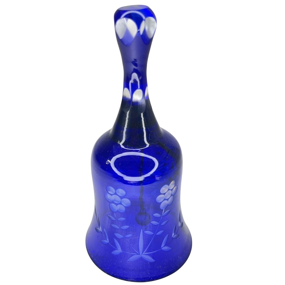 Vintage Cobalt Blue Glass Dinner Bell Etched Floral Design Decorative Hand Bell